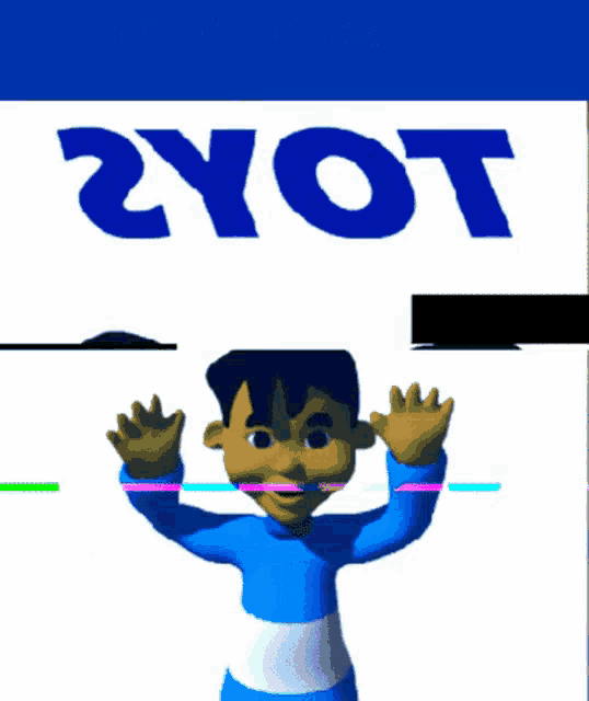 a boy in a blue shirt stands in front of a sign that says t