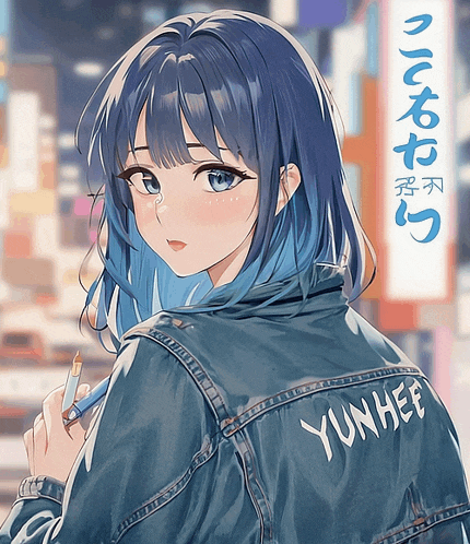 a girl with blue hair is wearing a denim jacket that says yunhee