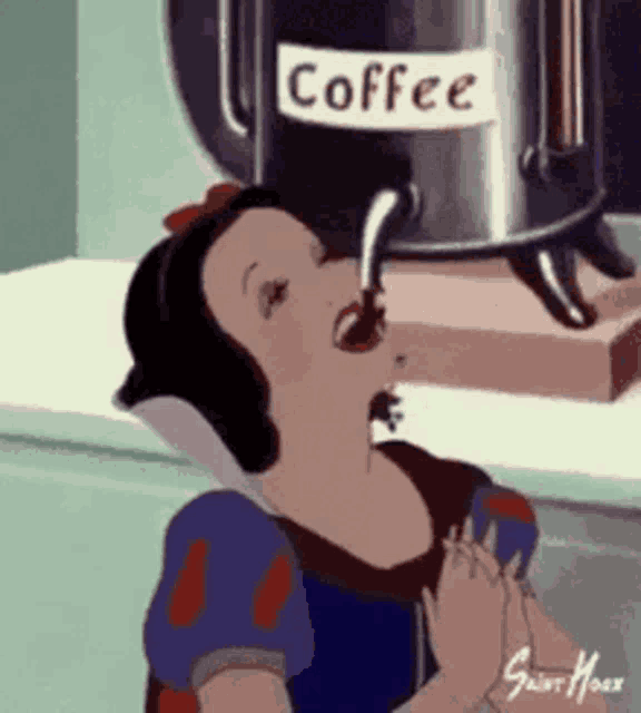snow white is drinking a cup of coffee from a coffee maker .