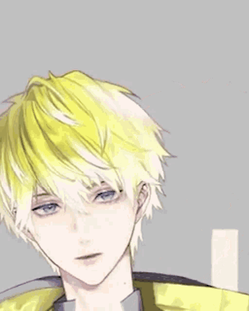 a close up of a person 's face with a yellow hair and blue eyes .