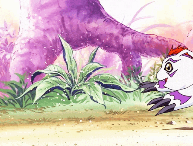 a cartoon drawing of a dinosaur eating a plant with a purple background