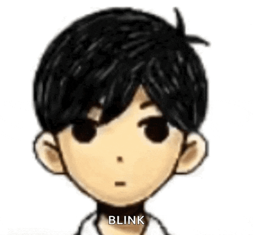 a close up of a cartoon character 's face with the words `` blink '' written above it .