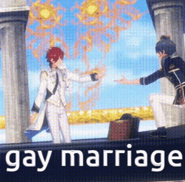 a couple of people standing next to each other with the words gay marriage in the corner .
