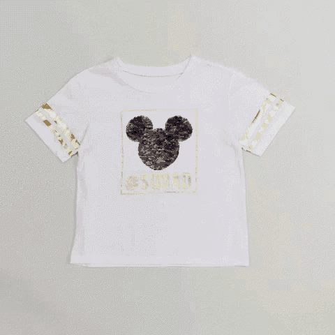 a white t-shirt with a picture of mickey mouse and the words squad