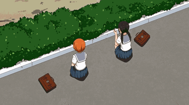 a cartoon drawing of a girl laying on the ground with a briefcase that has the letter t on it
