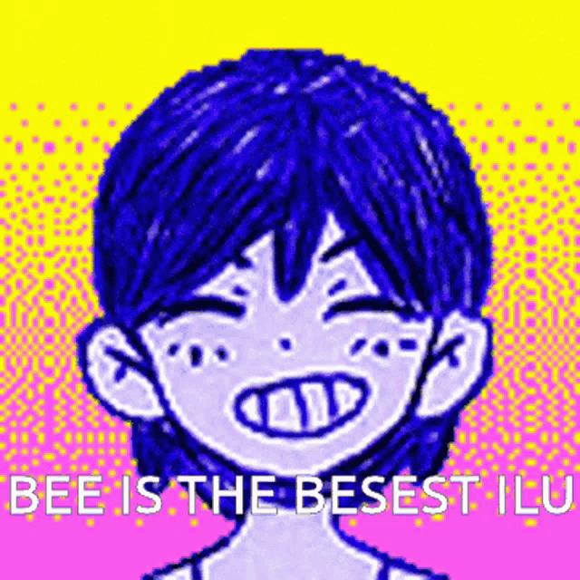a pixel art of a boy with blue hair is smiling and says `` bee is the besest ilu '' .