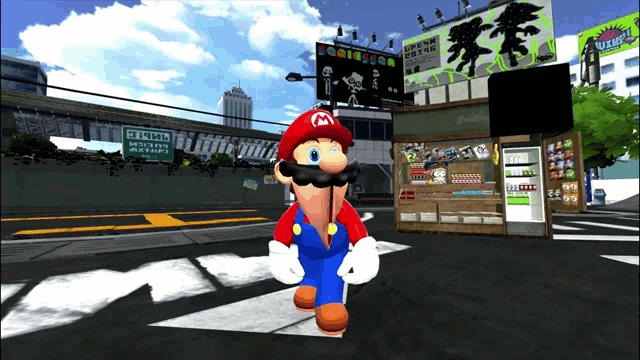 a video game character named mario is walking down a street in front of a sign that says ' evergreen ' on it