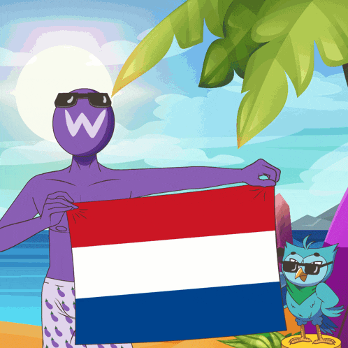 a man with a w on his head holds a flag