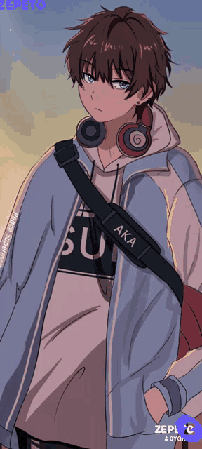 a drawing of a boy with headphones and a bag that says aka on it