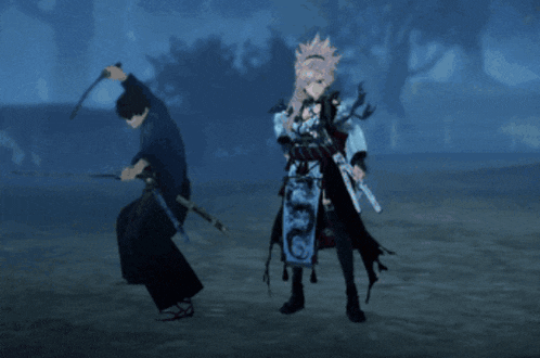 a man holding a sword stands next to another man with a sword