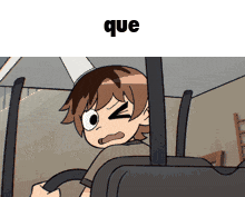 a cartoon of a boy driving a car with the word que written above him