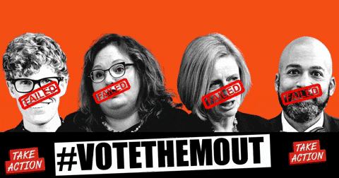 four people with red stickers on their faces that say faked and #votethemouth