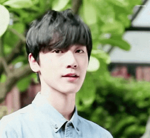 a close up of a young man wearing a blue shirt and looking at the camera .
