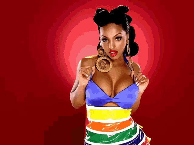 a woman in a blue top and colorful skirt holds a lollipop