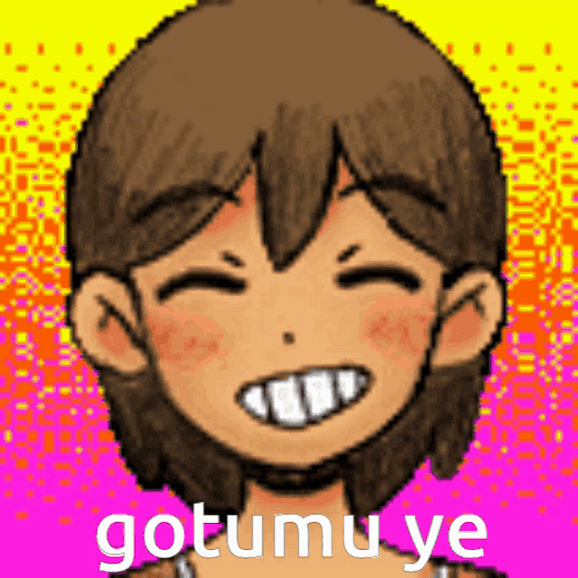 a pixel art drawing of a girl smiling with the words gotumu ye on the bottom