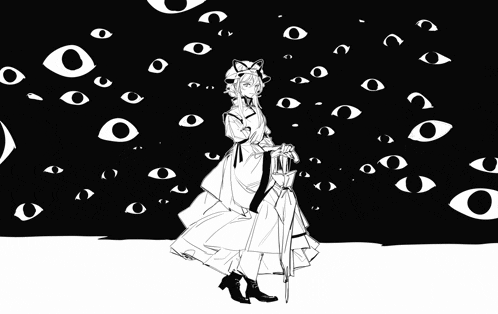 a black and white drawing of a woman holding an umbrella surrounded by lots of eyes