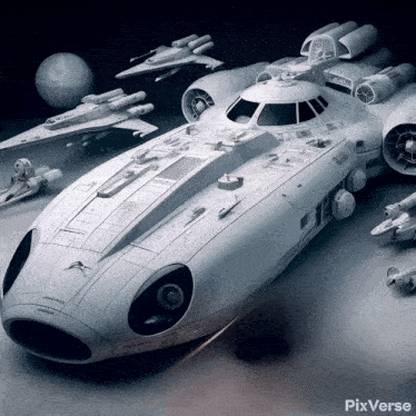 a model of a star wars space ship is surrounded by other model space ships