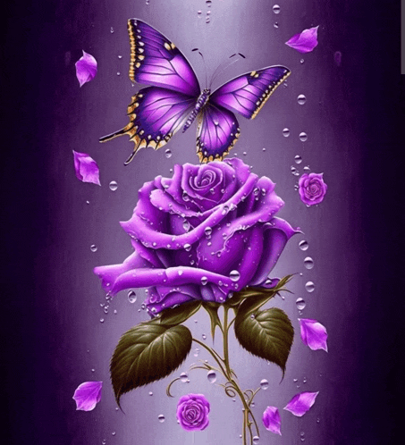 a butterfly sits on a purple rose surrounded by purple petals