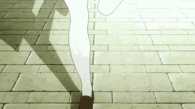 a person walking on a brick walkway with their shadow on the ground