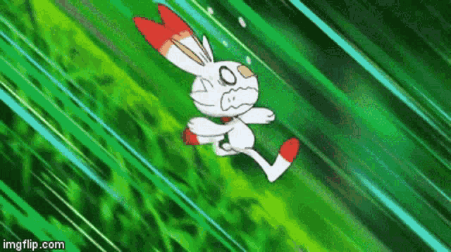 a cartoon rabbit is running through a green field with a green background .