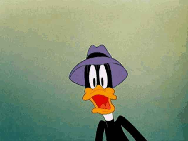 a cartoon duck wearing a purple hat and a black suit is making a surprised face .
