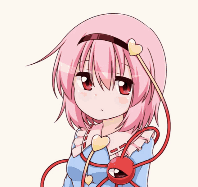 a drawing of a girl with pink hair and a red heart around her neck