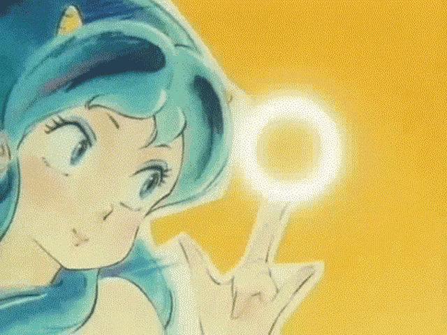 a girl with blue hair and horns is holding a circle in her hand