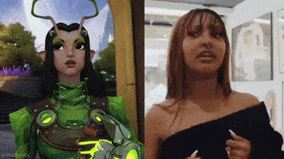 a picture of a cartoon character and a real woman