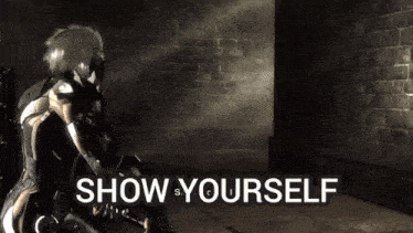 a person with a sword in a dark room with a brick wall
