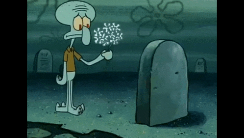 squidward from spongebob squarepants is blowing dandelions in front of a grave