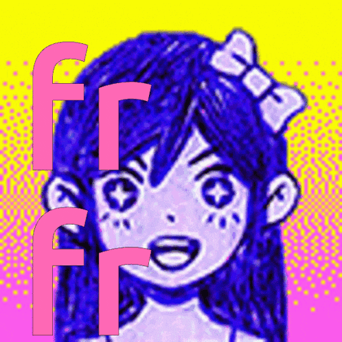 a drawing of a girl with blue hair and a bow on her head with the letters f and r next to her
