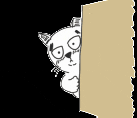 a cartoon cat is peeking out from behind a wall and making a funny face .