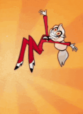 a cartoon character in a red suit is falling through the air .
