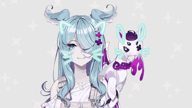a drawing of a girl with blue hair holding a stuffed animal