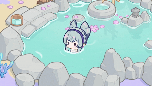 a cartoon girl is swimming in a pool of water surrounded by rocks