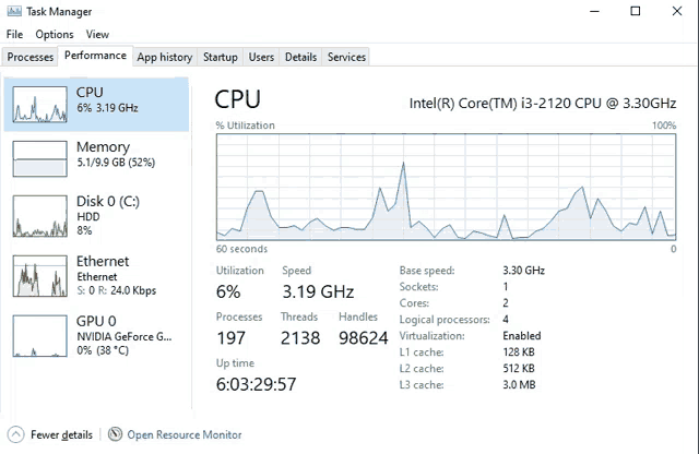a computer monitor shows that the cpu is running at 3.10ghz