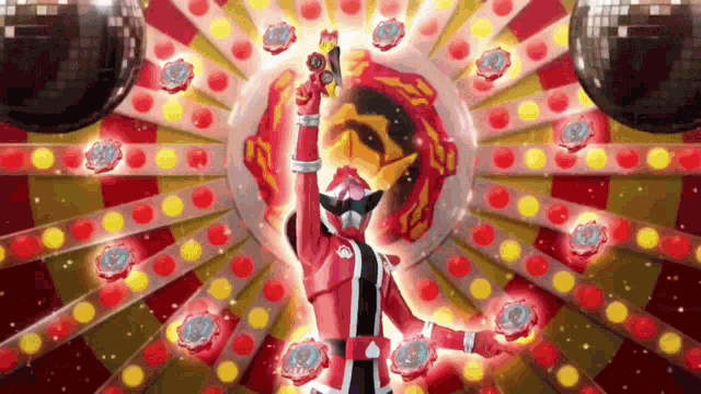 a man in a red superhero costume is holding a sword in his hand .