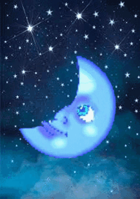 a blue cartoon crescent moon with a face on it