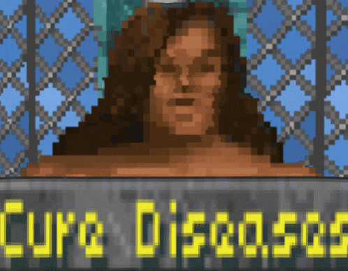 a pixelated image of a woman behind a fence with the words cure discosos