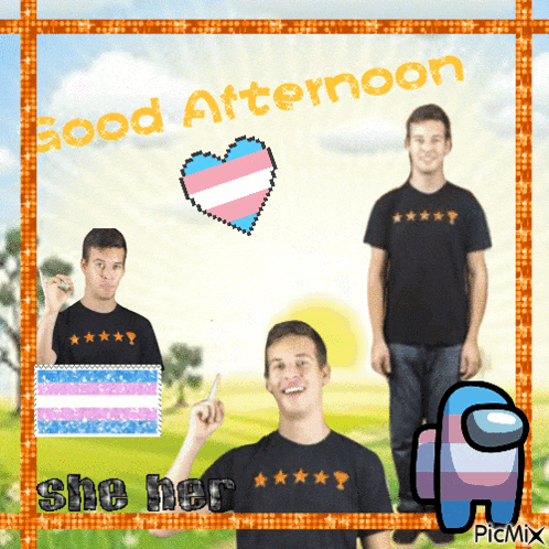 a picture of a man with the words " good afternoon she her " on it