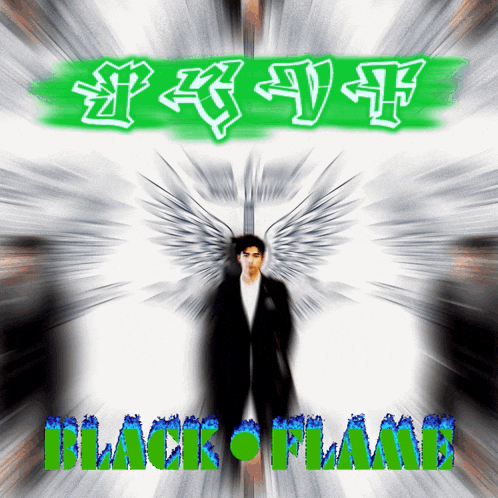 a man with wings and the words black flame on the bottom right