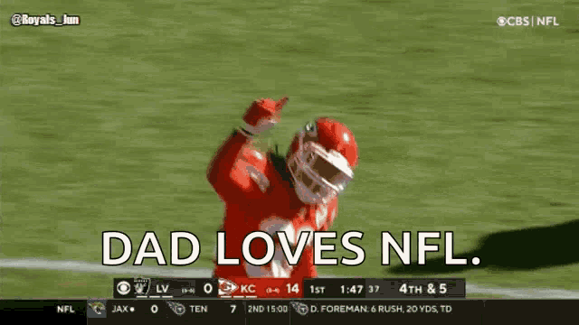 a football player is running on the field with the words dad loves nfl