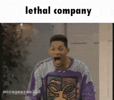 a man in a purple shirt is screaming with the words lethal company written above him