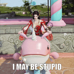a woman is riding on the back of a pink fish with the words " i may be stupid " on the bottom