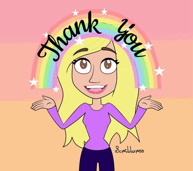a cartoon girl says thank you with a rainbow