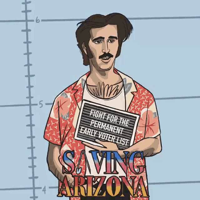 a man in a hawaiian shirt is holding a sign that says fight for the permanent early voter list