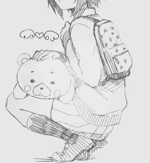 a black and white drawing of a girl holding a teddy bear and a backpack
