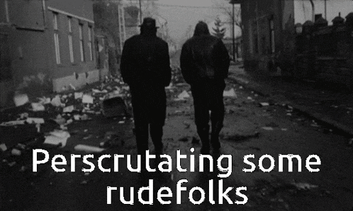 two men walking down a street with the words " perscrutating some rude folks " above them