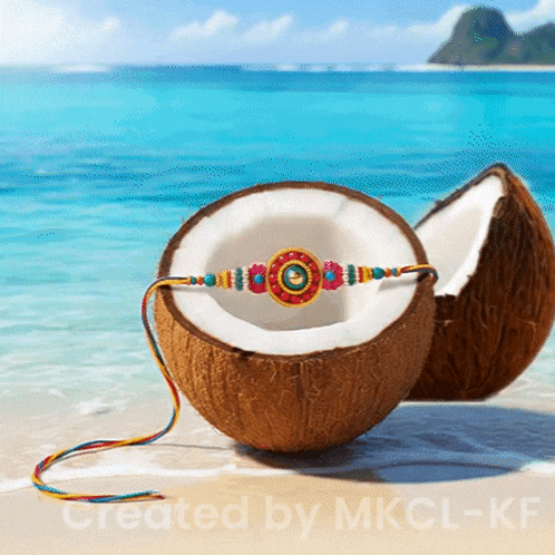a coconut with a bracelet in it sits on the beach created by mkcl - kf