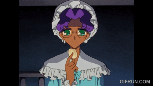 a woman with purple hair and green eyes is holding a piece of food in her hand and the website gifrun.com is visible below her